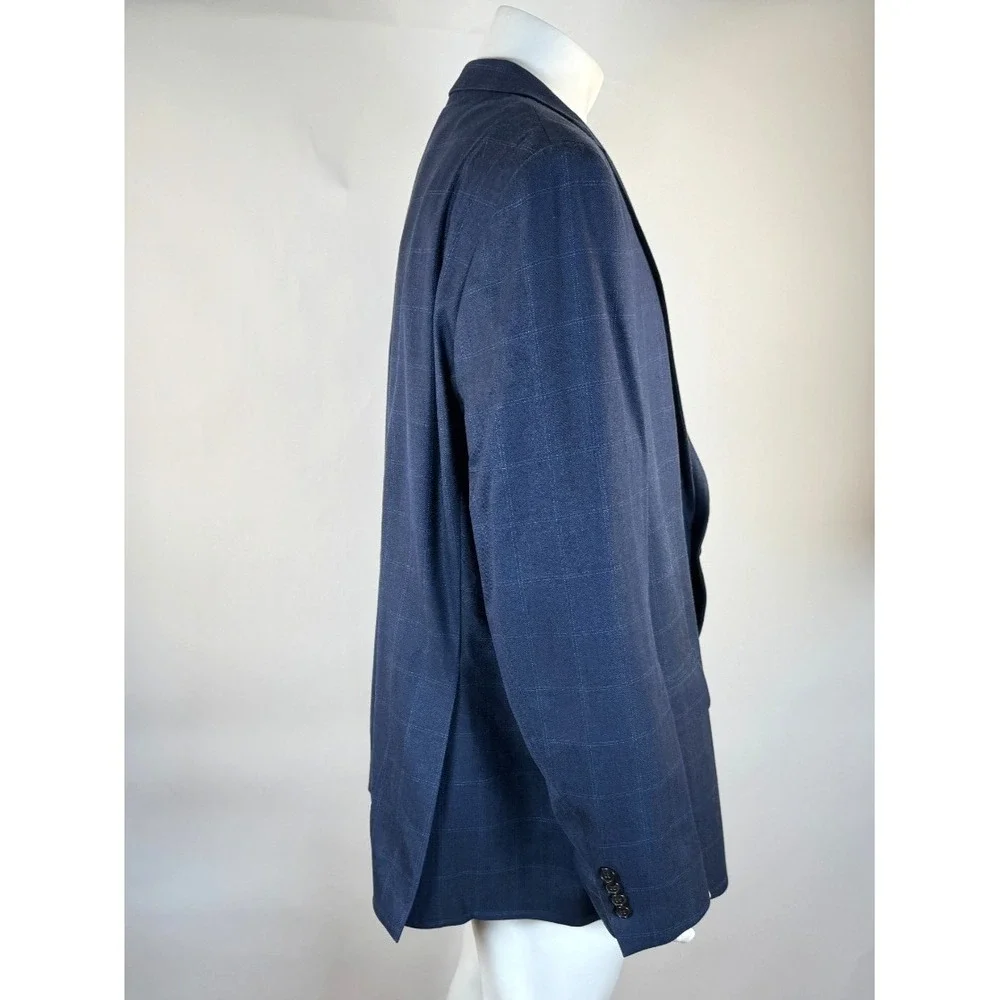 Ralph Lauren Silk Wool Blazer Mens 52L‎ Plaid Lined 2-Button Double-Vented Blue